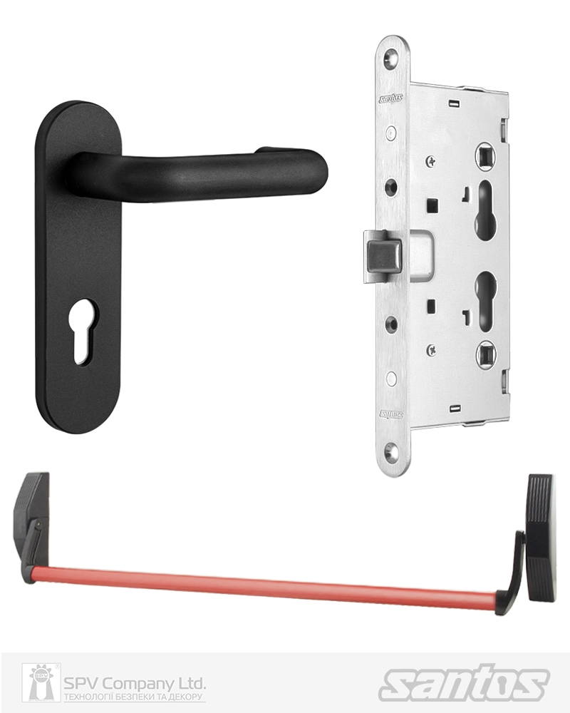 Фото Комплект SANTOS для евакуаційного виходу   1300LS 1 Locking     BLACK/RED 900мм 9x9мм із замком J530-T та ручкою 1919-ROUND Black mov  в інтернет-магазині locksmaster.com.ua