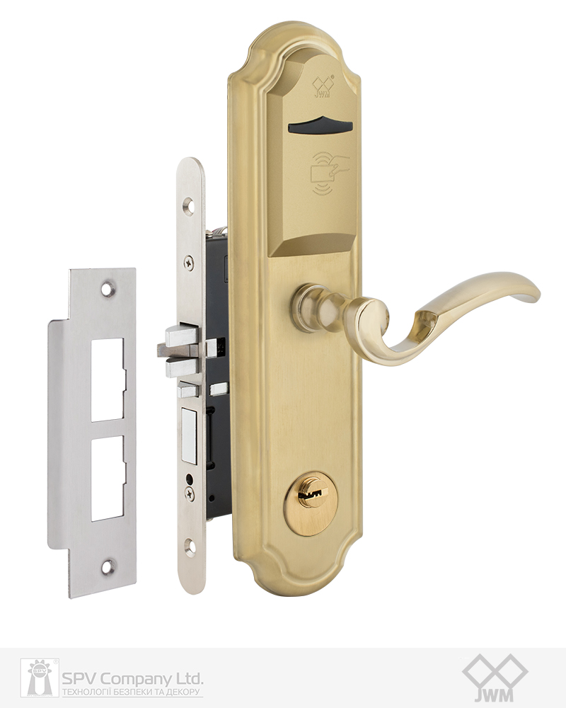 Фото Замок JWM F3-RR G-handle MIFARE ADEL   латунь полірована   Euro-A BS60мм 22 мм GOLD LEFT 38-55 мм   в інтернет-магазині locksmaster.com.ua