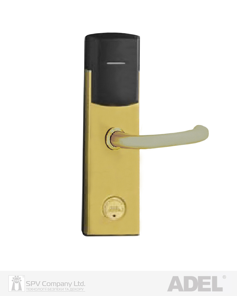 Фото Замок JWM F1-A-RR U-handle MIFARE ADEL   латунь полірована   Mortise-B BS60мм 30 мм GOLD LEFT 38-55 мм   в інтернет-магазині locksmaster.com.ua