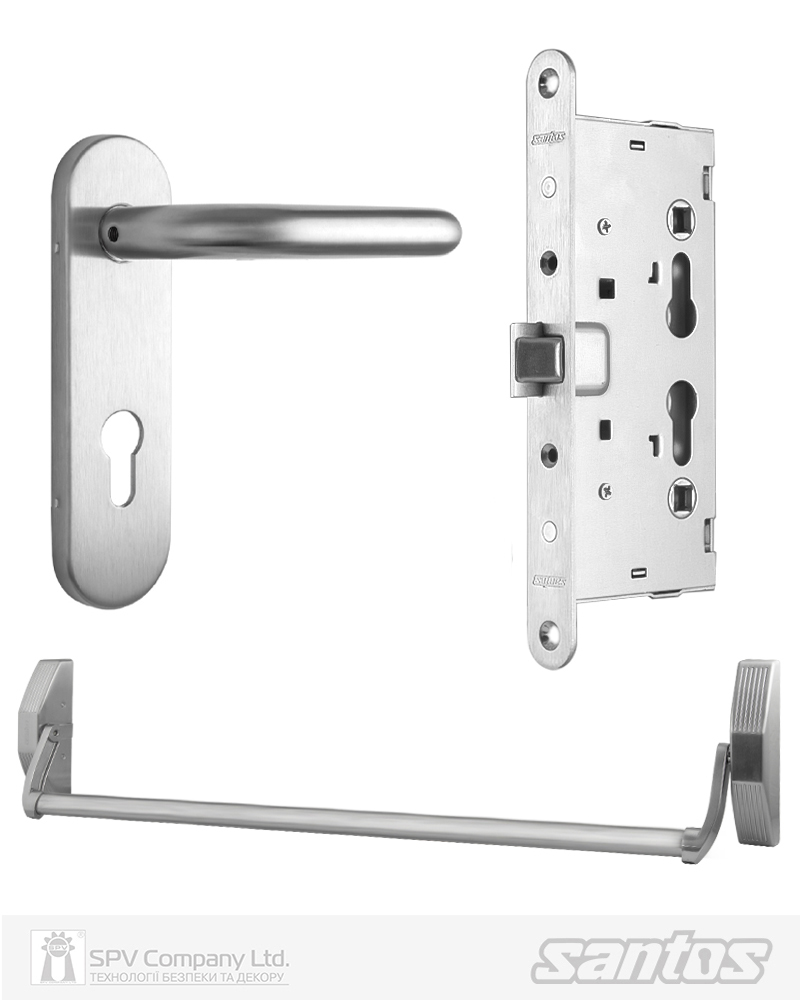 Фото Комплект SANTOS для евакуаційного виходу   1300SS-3 1 Locking     SATIN NICKEL/STAINLESS STEEL 900мм 9x9мм із замком J530-T та ручкою B002SS mov в інтернет-магазині locksmaster.com.ua